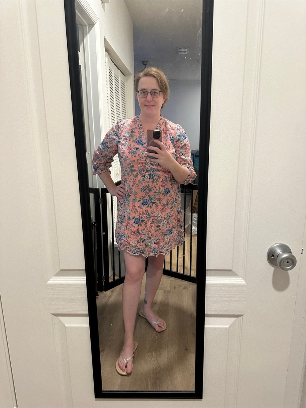 LOFT Pink Floral Tunic Dress with Blue Print
